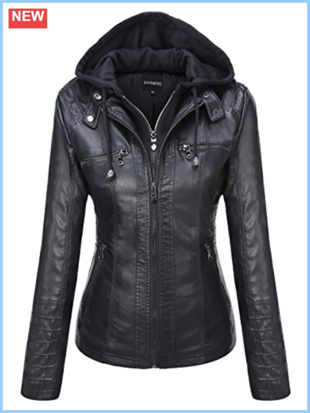 Women's Faux Leather Moto Biker Jacket Hooded Zip Coat